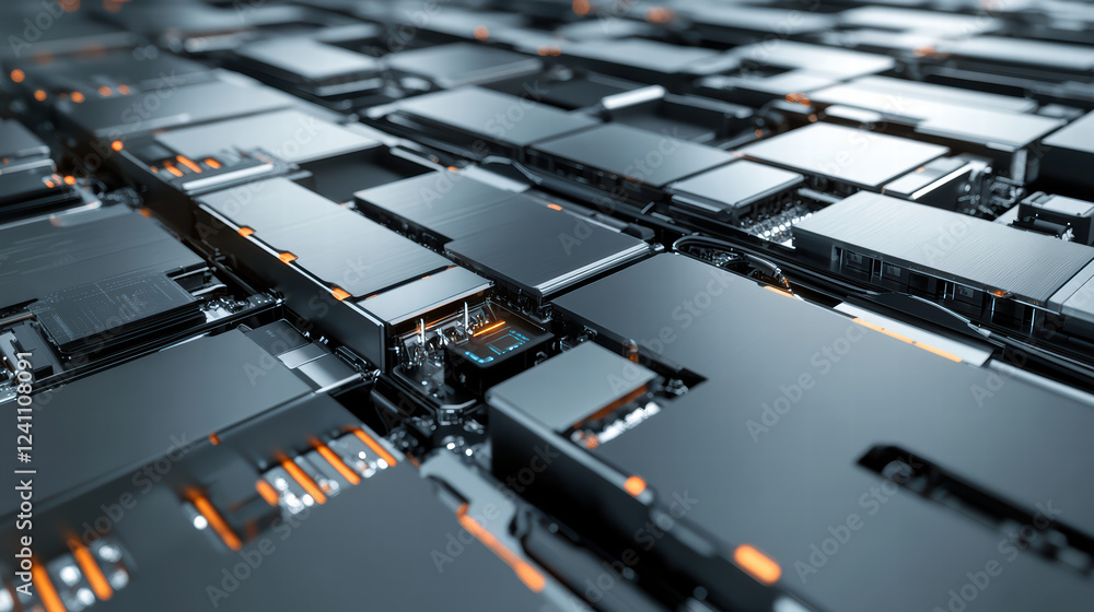Poster aerial view of futuristic circuit board with intricate patterns and glowing elements, showcasing adv