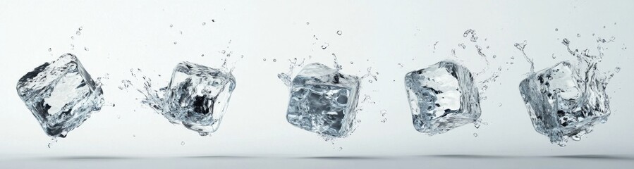 Five ice cubes splashing, white background, beverage ads