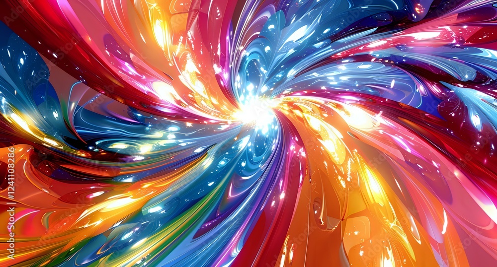 Poster vibrant swirling abstract background with dynamic colorful light streams in blue, orange, red and pi