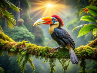 Knobbed Hornbill in Lush Rainforest Landscape - Stunning Wildlife Photography