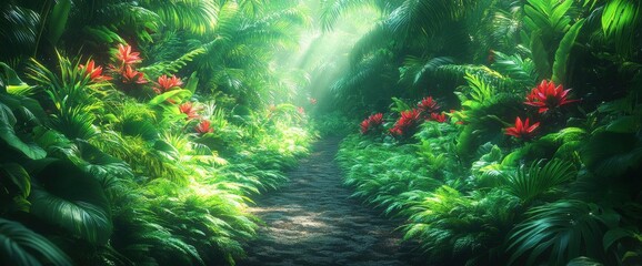 Obraz premium Sunlit Jungle Path with Lush Green Foliage and Red Flowers