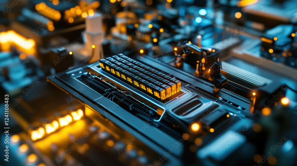 Poster aerial view of futuristic circuit board with glowing components, showcasing intricate details and vi