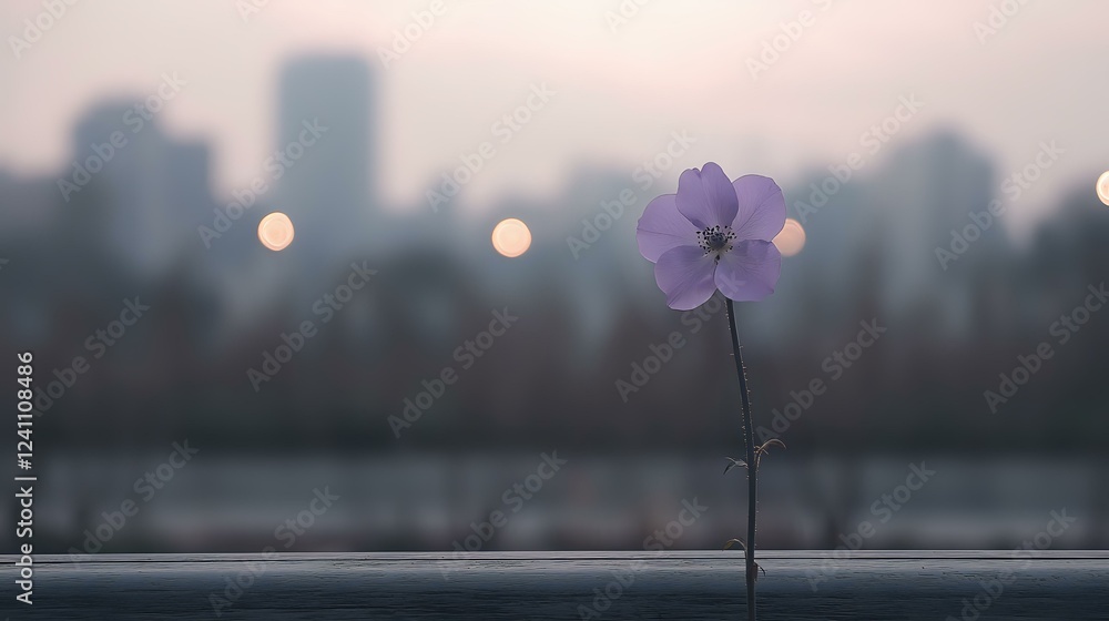 Poster single purple flower against blurred urban cityscape background with bokeh lights at dusk, creating 