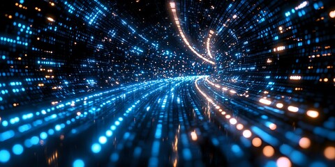 Obraz premium Abstract digital tunnel with glowing blue and orange light particles creating dynamic motion effect, technology background for digital transformation concepts.