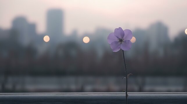 Single purple flower against blurred urban cityscape background with bokeh lights at dusk, creating minimalist composition with shallow depth of field.