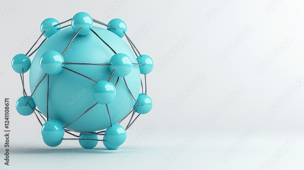 Poster abstract network sphere: interconnected nodes in light blue 3d rendering