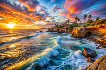 La Jolla Caves Sunset Double Exposure: Dramatic Coastal Scene