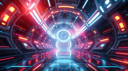 Obraz premium Sci-fi background featuring a futuristic, neon-lit cityscape with towering skyscrapers, flying vehicles, and a vibrant, electric atmosphere