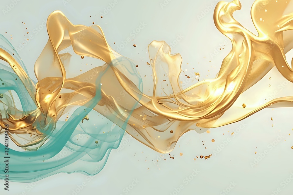 Poster luxurious gold and turquoise liquid flow creates dynamic abstract composition with splashing effect 
