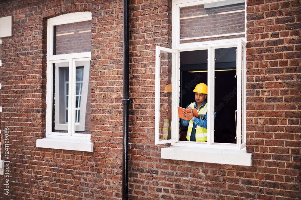 Poster Man, engineer and writing in notebook by window for inspection notes, maintenance and schedule. Male person, ideas and planning with development update, property information and renovation reminder