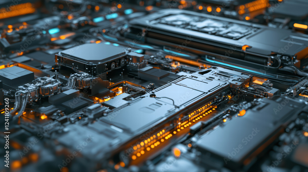 Poster detailed view of complex circuit board with glowing orange lights, showcasing intricate electronic c