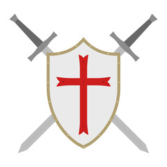 Medieval White Shield with Red Cross and Crossed Swords, Symbolizing Protection, Strength, War. Flat Vector Illustration for Knight, Security, Fantasy, and Gothic Style. Perfect for Emblem Badge