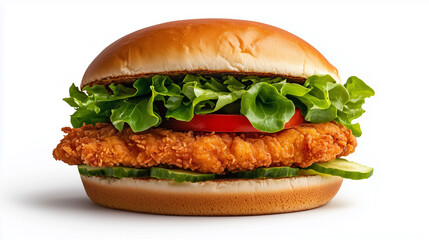 Crispy chicken sandwich with lettuce, tomato, and pickles on bun.