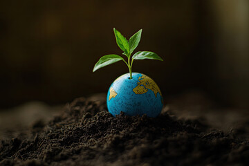 Sapling sprouting from Earth globe in soil, dark background, environmental conservation