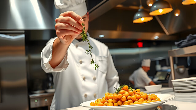 A chef in a professional kitchen garnishes a dish of chickpeas with fresh herbs, showcasing culinary skills and attention to detail