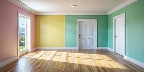 Fototapeta premium Light and airy empty room after renovation, closed door, copy space left