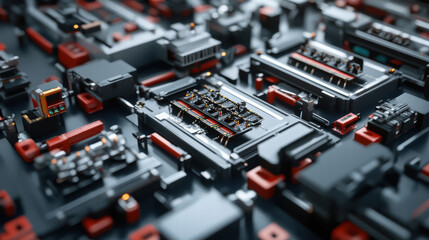 Aerial view of complex circuit board with intricate components and connections, showcasing modern technological design. vibrant colors and detailed layout evoke sense of innovation and precision