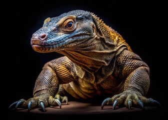 Obraz premium Komodo Dragon Stealth Hunt: Prehistoric Lizard in Low Light - Dangerous Predator