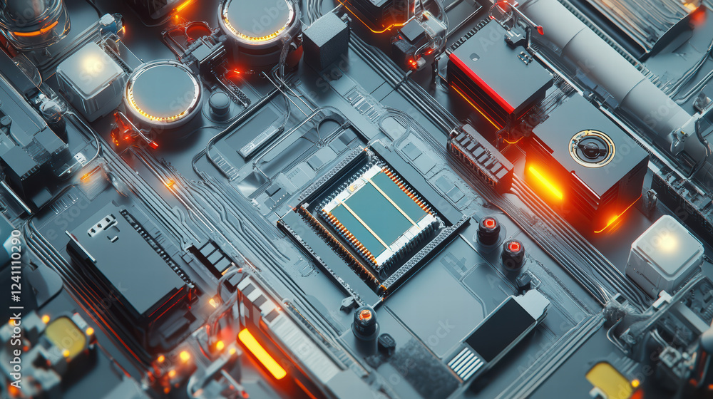 Aufkleber aerial view of futuristic circuit board with glowing components, showcasing intricate details of tec