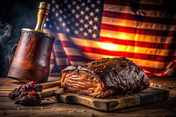 Labor Day BBQ Brisket: Festive American Flag & Hammer Low-Light Photo - Perfect for Ads