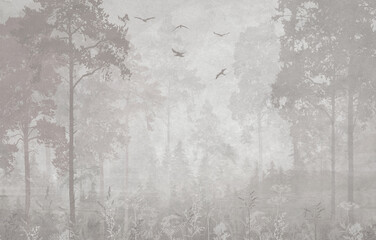 mural, forest, fresco, wallpaper, morning forest, birds, botany