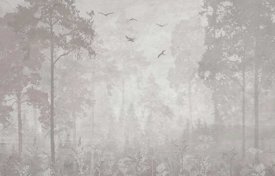 mural, forest, fresco, wallpaper, morning forest, birds, botany