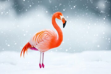 Fototapeta premium flamingo gracefully posed in a snowy landscape, showcasing its elegant form amidst frosty surroundings, creating a striking contrast between warmth and cold
