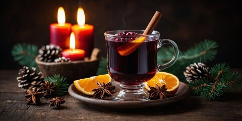Warm drink with spices and fruits during winter evening by candlelight in a cozy setting