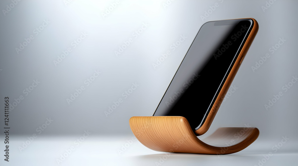 Poster a sleek smartphone on a stylish wooden stand, exemplifying modern design and functionality in the te