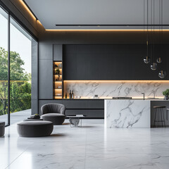 Elegant Modern Interior with Luxurious Kitchen, Spacious Living Room, and Blank Wall for Interior Design – 3D Render modern living room with fireplace