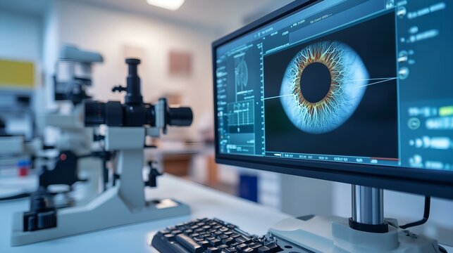 Advanced ophthalmology research with a close-up of an eye scan on a high-tech monitor and a microscope in a lab