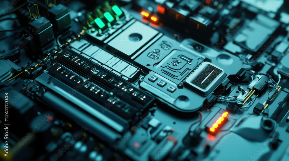 Aufkleber close up of circuit board with intricate electronic components, showcasing vibrant lights and detail