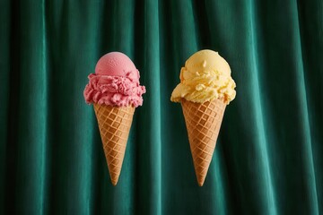 floating cones a playful image of two colorful ice cream cones floating effortlessly in midair, set against a lush backdrop of rich green velvet curtains, evoking whimsy and delight