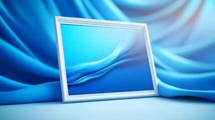 A sleek white frame displays a serene blue background, set against flowing blue fabric, creating a calm atmosphere.