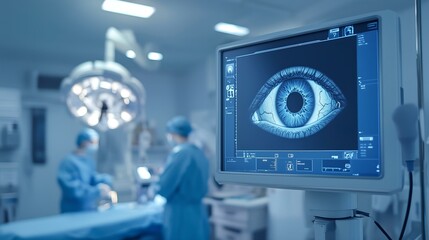 High-tech ophthalmology surgery room with a digital eye scan displayed on a medical monitor, highlighting advanced technology.