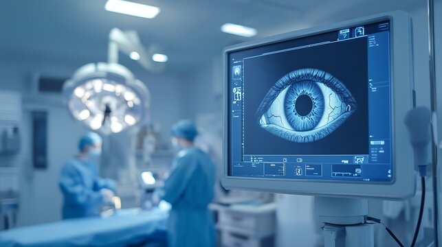 High-tech ophthalmology surgery room with a digital eye scan displayed on a medical monitor, highlighting advanced technology.