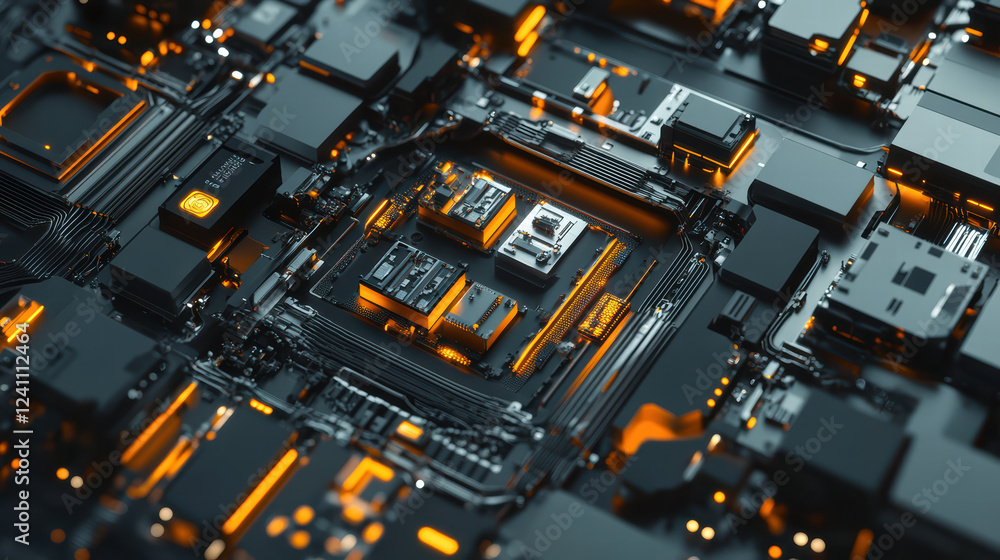 Poster close up of circuit board with intricate details, featuring glowing orange elements and complex arra