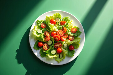 Fresh and Colorful Salad with Crisp Lettuce, Cherry Tomatoes, and Cucumber Slices on a Ceramic Plate Healthy Vegan Meal with Natural Lighting, Perfect for a Nutritious Diet and Food Photography Inspir