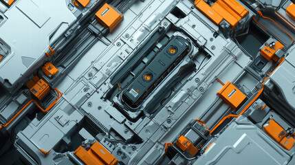 Fototapeta premium Close up of futuristic robotic assembly line featuring electric car battery. intricate design showcases metallic components and vibrant orange accents, highlighting advanced technology