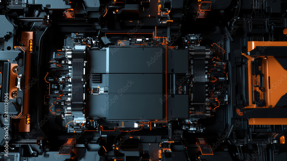 Poster close up of robotic assembly line featuring electric car battery, showcasing intricate details and a