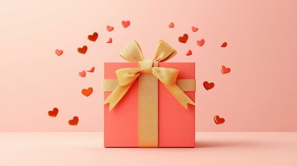Romantic Gift Box Surrounded by Colorful Hearts on Pink Background