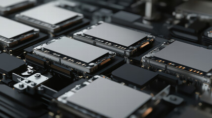 Fototapeta premium Close up of electronic components on circuit board, showcasing intricate details and modern technology. image highlights precision and complexity of electronic assembly