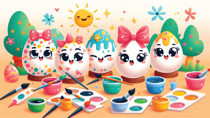 Egg Decorating Party, A group of anthropomorphic eggs with expressive faces painting and decorating themselves with bright patterns, bows, and glitter 
