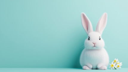 Obraz premium Cute white rabbit sitting on mint green background with flowers.