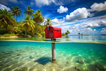 Lost at Sea: Tropical Island Beach Red Mailbox Double Exposure Stock Photo