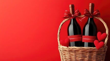 Romantic Wine Basket with Red Hearts for Valentine's Day Celebration