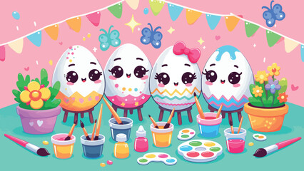 Egg Decorating Party, A group of anthropomorphic eggs with expressive faces painting and decorating themselves with bright patterns, bows, and glitter 