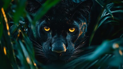 Intense Close-Up of Black Panther Observing from Lush Greenery
