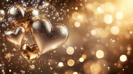 Shiny Golden Hearts Floating Over Blurred Golden Background