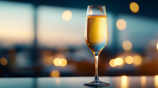 A sparkling glass of champagne set against a blurred cityscape background, perfect for celebrating special moments.